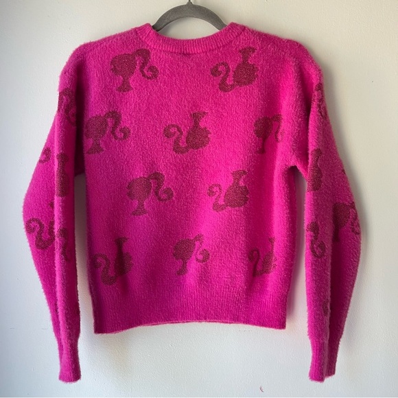 Barbie Fuzzy Pink Sweater Metallic Logo Print Girls Size L 10/12 Y2K Barbiecore - Picture 9 of 10